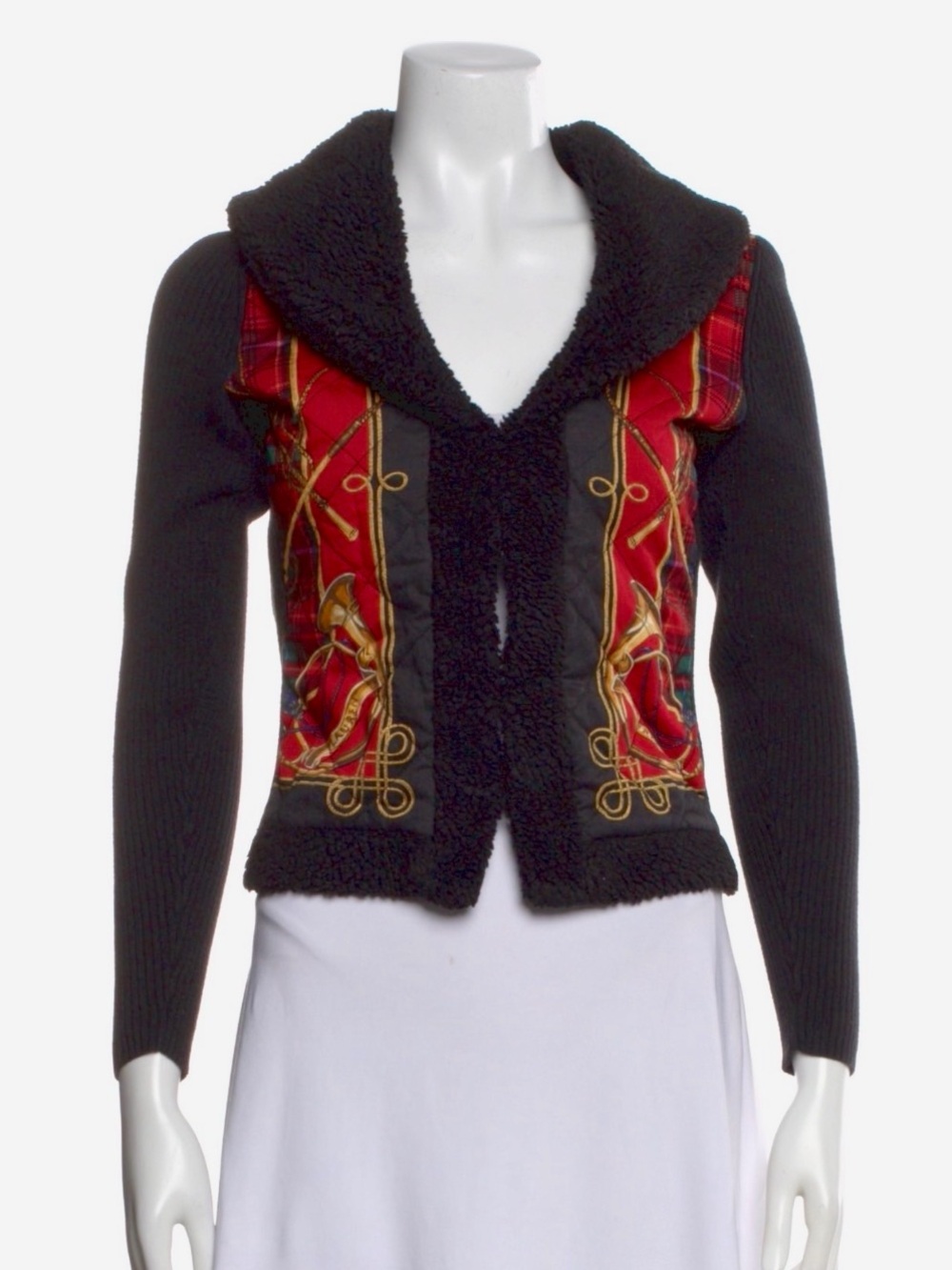 Lauren Ralph Lauren Black Ribbed Knit Cardigan with Plush Collar
